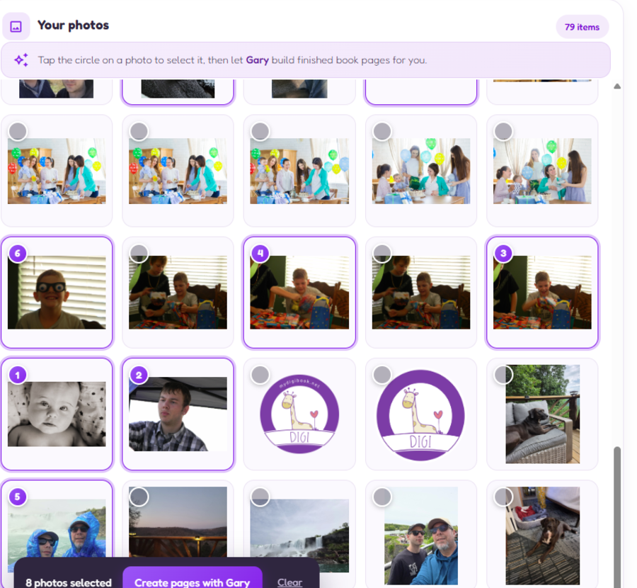 Choosing photos in the media library to hand to Gary