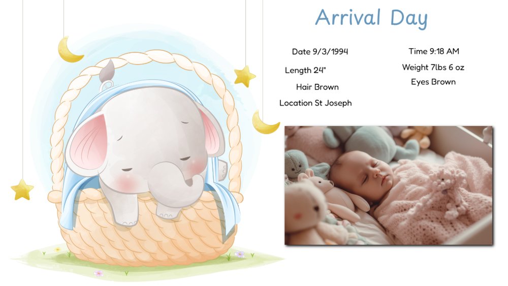 An example DigiBook page — a baby's Arrival Day with photo, milestones, and artwork