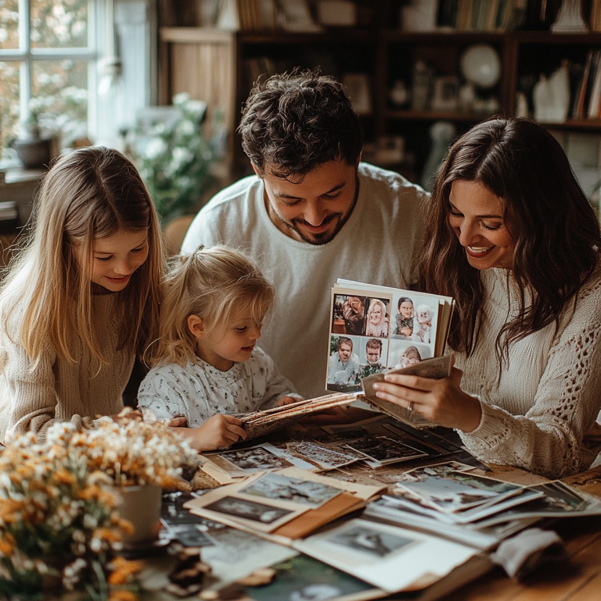 A family looking through photos and memories together